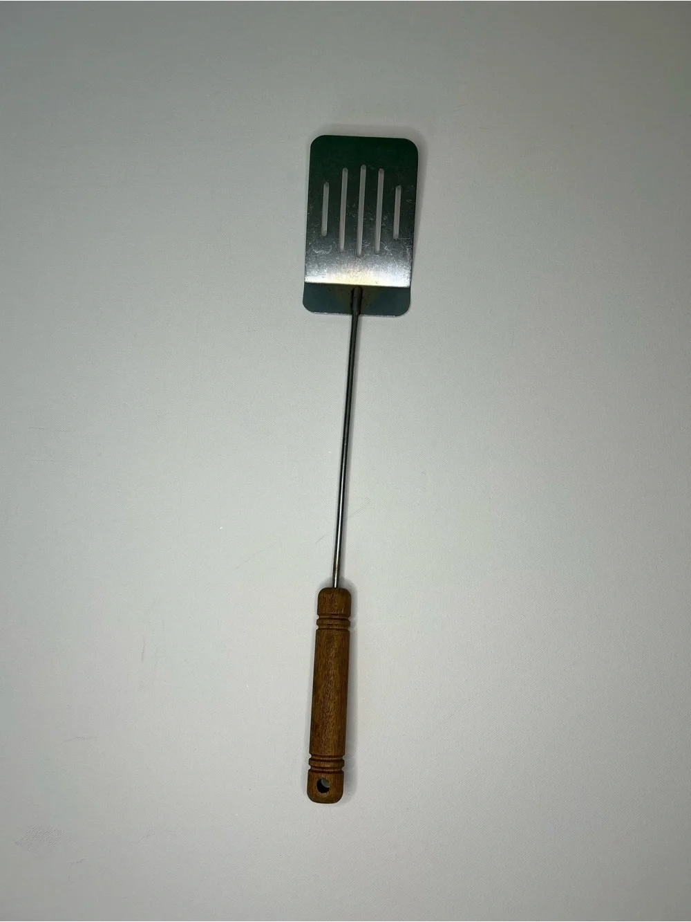 Vintage 80s Long Wood Handle Stainless Steel Slotted BBQ Spatula - Picture 1 of 7